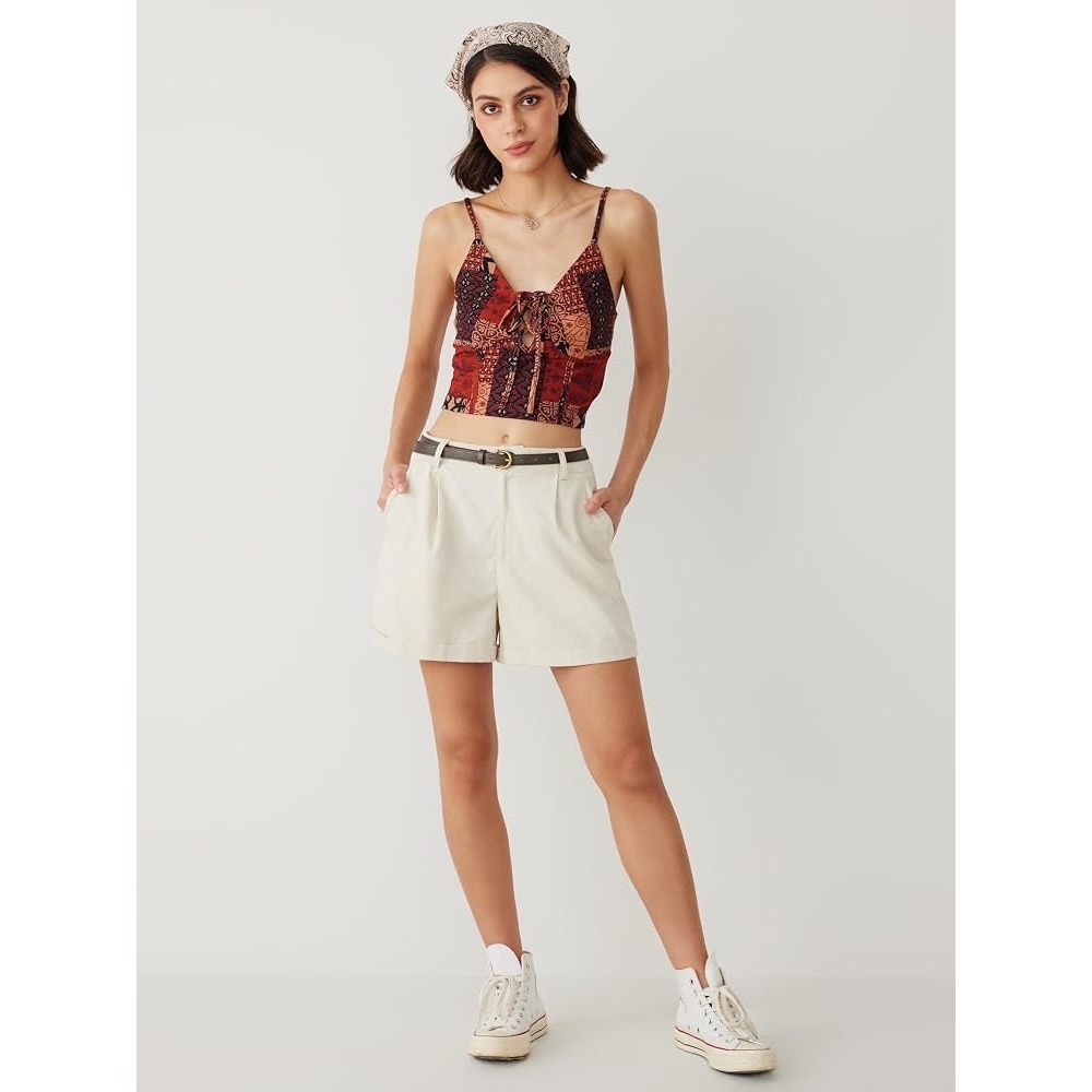 Cider Beige Linen Blend Pleated High Waisted Shorts with Belt Size Medium NEW